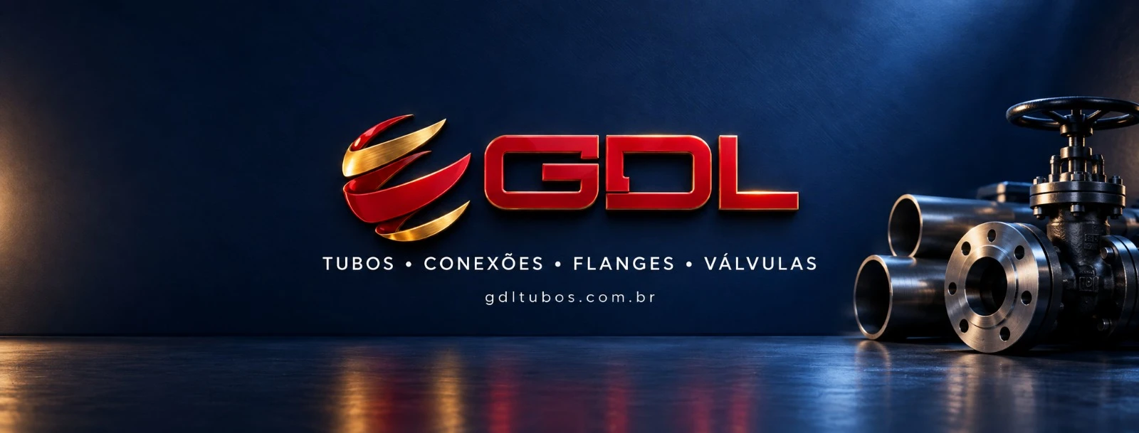 Identidade GDL em vermelho e dourado sobre azul profundo