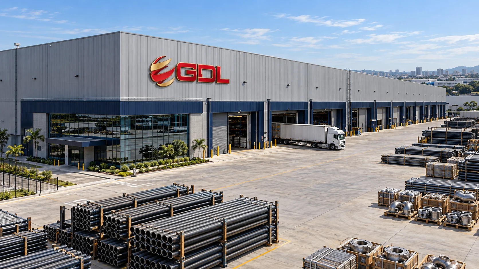 Representação visual de um grande centro industrial GDL com galpão, pátio e tubos organizados