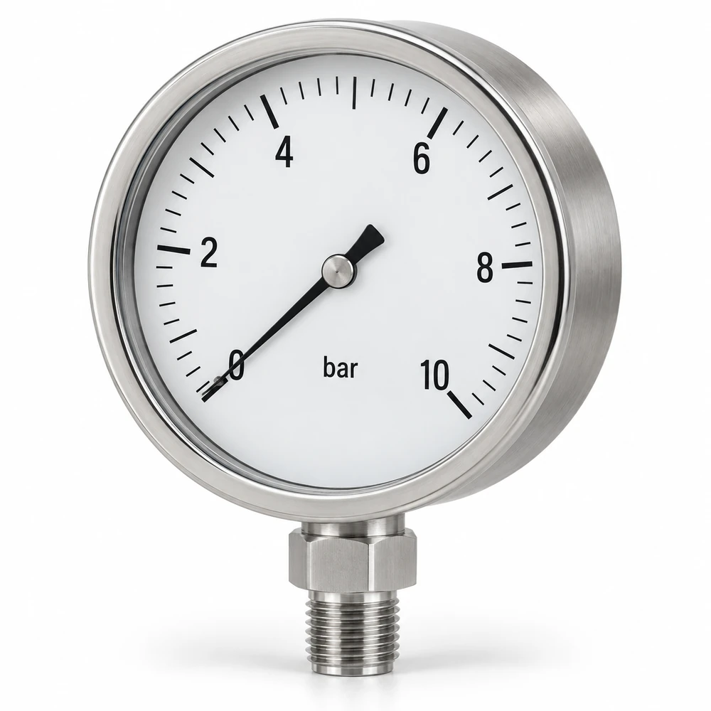 Manômetro industrial com caixa e conexão inferior em aço inox