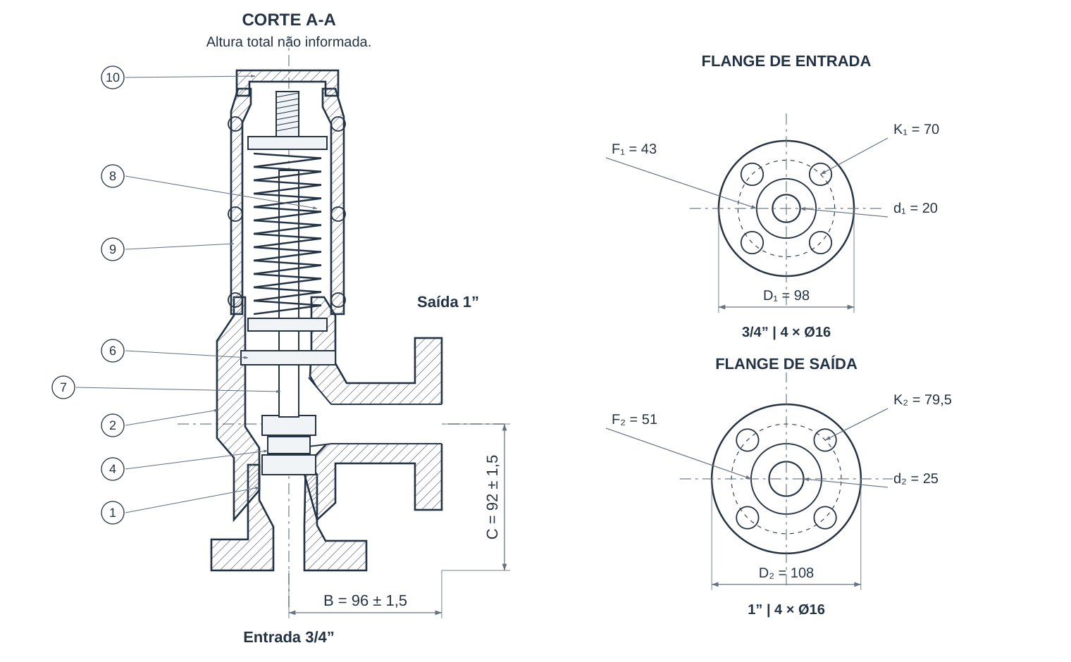 Desenho de referência da válvula de alívio 3/4 por 1, modelo MFOB-150C, com vistas e cotas documentadas
