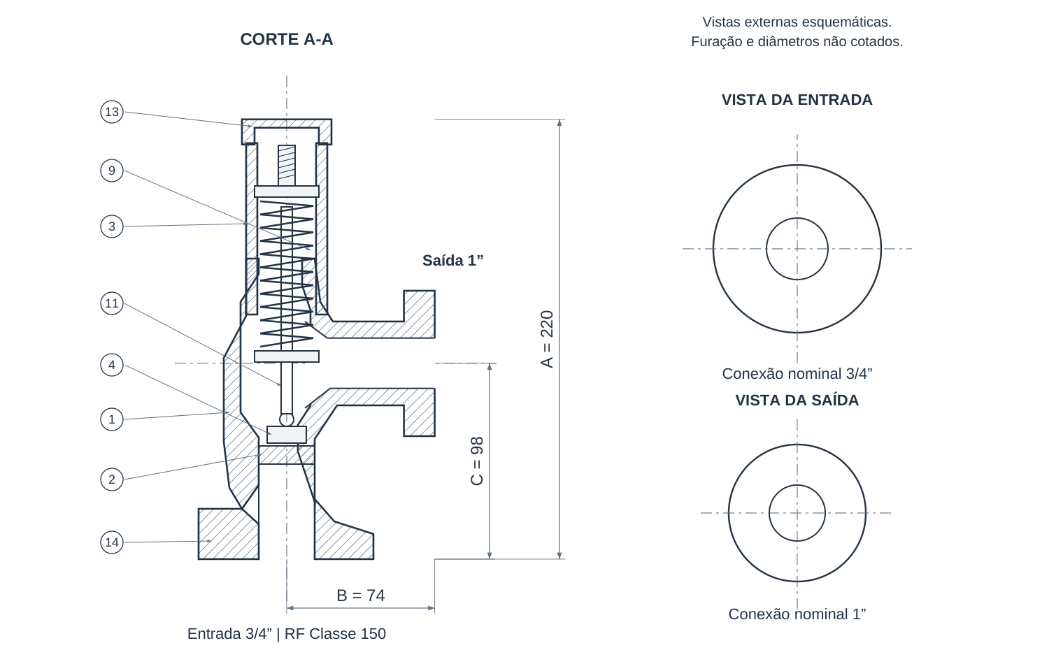 Desenho de referência da válvula de alívio 3/4 por 1, modelo SVF-0750-AC, com vistas e cotas documentadas